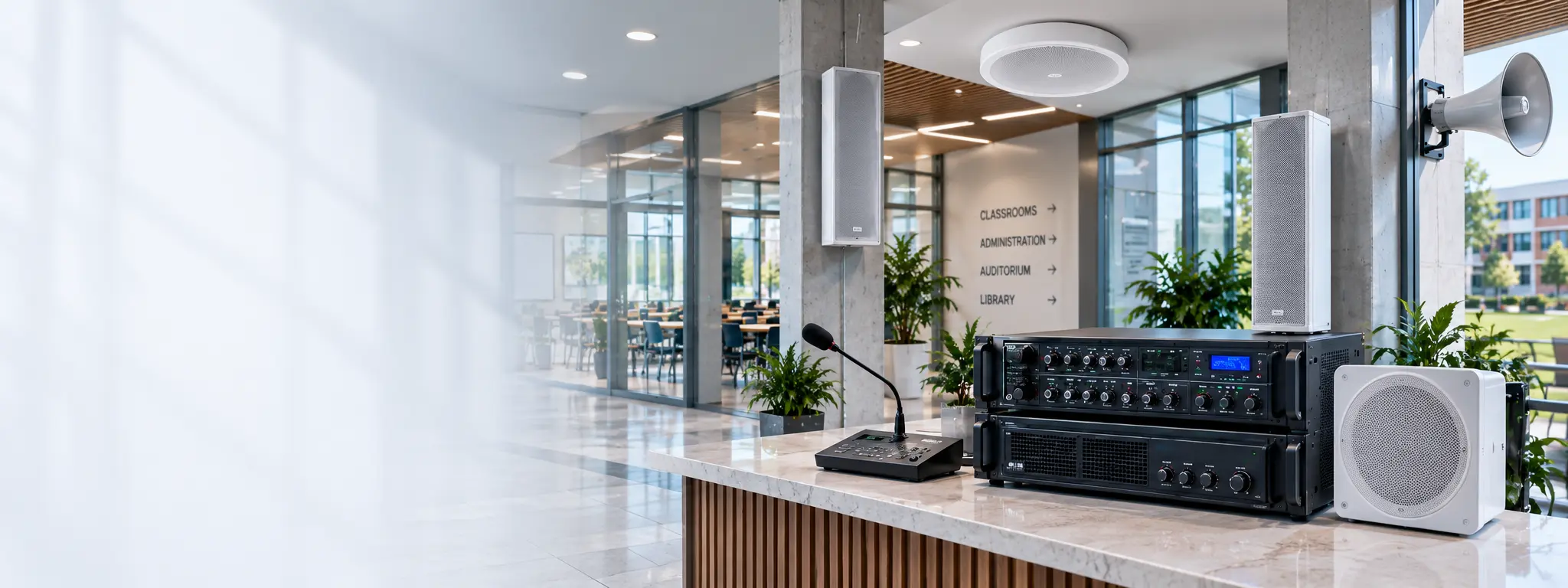 Campus PA system with paging microphone, amplifiers, ceiling, column and horn speakers